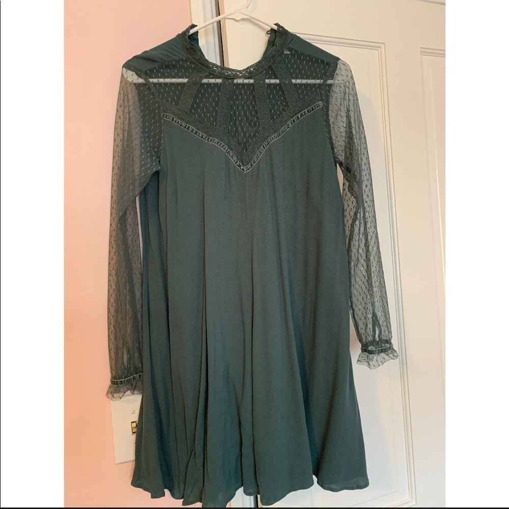 lace neck olive green boho dress